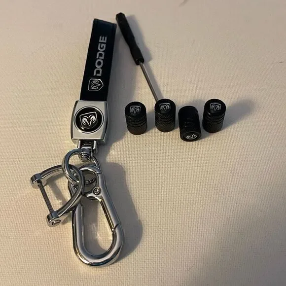 Dodge Logo Key Fob Keychain in Black Leather and Valve Stem Caps in Black NWT - Picture 3 of 5